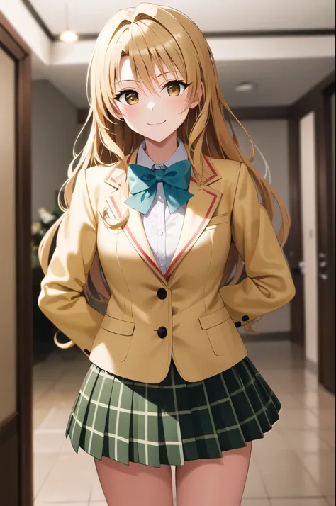 masterpiece, best quality, highres, 1girl, solo, long hair, blonde hair, brown eyes, school uniform, green bowtie, blazer, yellow jacket, long sleeves, plaid skirt, green skirt, standing, cowboy shot, in luxury hotel, smile, rouge lips ,closed mouth