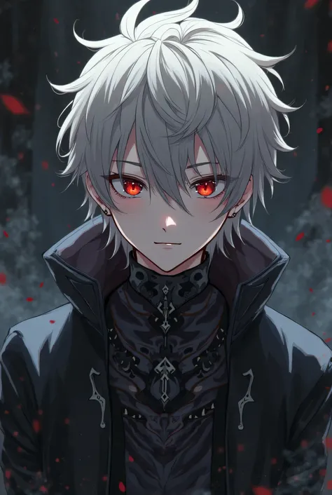 Male anime character with medium-length messy hair(Ash)Blonde and gothic clothes with red eyes (half adult )