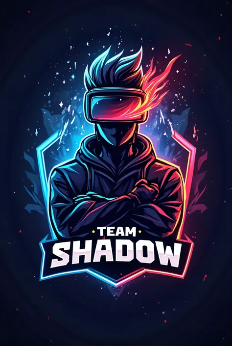 a dynamic esports emblem featuring a futuristic fire shadow wearing virtual reality goggles, set against a backdrop of electric blue and neon red, with the team name "TEAM SHADOW" prominently displayed below.