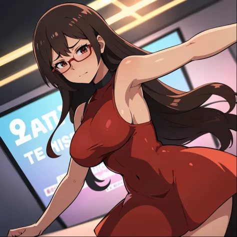  top quality, Masterpiece, Anime illustration of a girl, (1 girl),  She has very long brown hair,  brown eyes, She wears glasses and wears a red dress she has big boobs and is alone in a dance hall with neon lights she is standing blushed