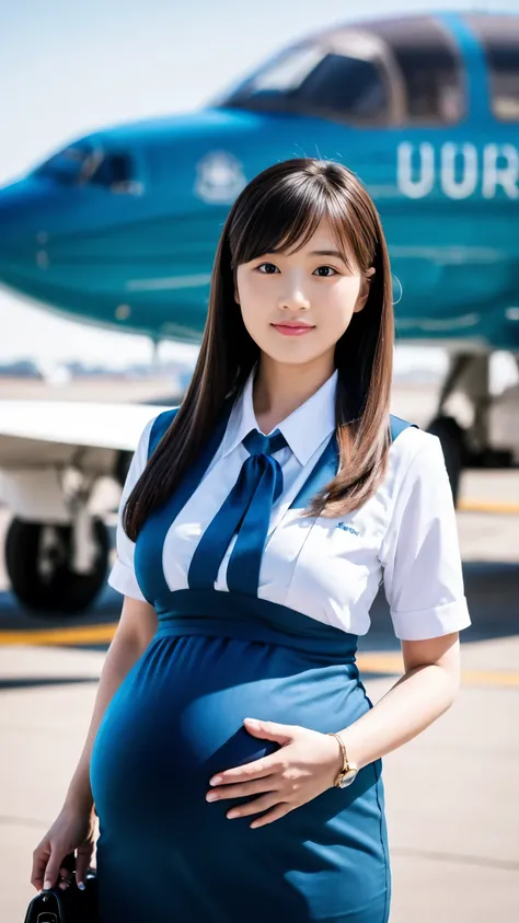 masterpiece, Best Quality, 8K,looking at the viewer,Japanese Lady,20 years old, huge pregnant, Voluptuous, in the airliner background, shoulder length hair with fringe, proper black stewardess uniform 