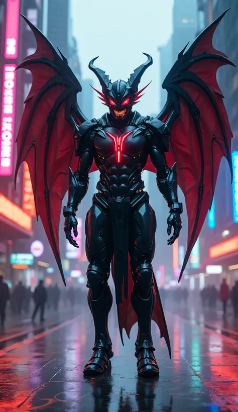 A stunning cyberpunk demon, his body covered in futuristic black armor with bright red accents and glowing blue energy on his wings. He stands tall in a battle-ready pose, displaying sharp muscles and highly detailed mechanical designs. His face is full of...