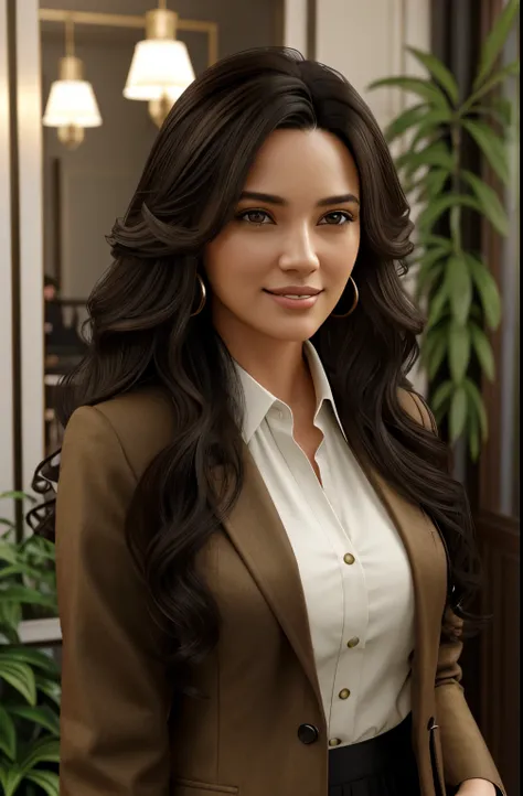  an adult woman ,  long hair,  curly hair ,  black hair color , First shepherd,  brown eyes,  smile,  vegetation ,  photo , businesswoman style clothing, light brown jacket, realist, with experience working in a fashion restaurant, 8k super realistic, supe...