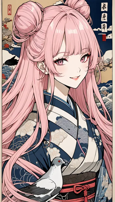 (((Young face))),((())),ukiyo-e, super intricate high detail ,  Beautiful Traditional Japanese Culture  , (((pigeon))),((( with bun hair ))),((( pink long hair))),(((Longer hair))),(((Disjointed bangs))),smile ,