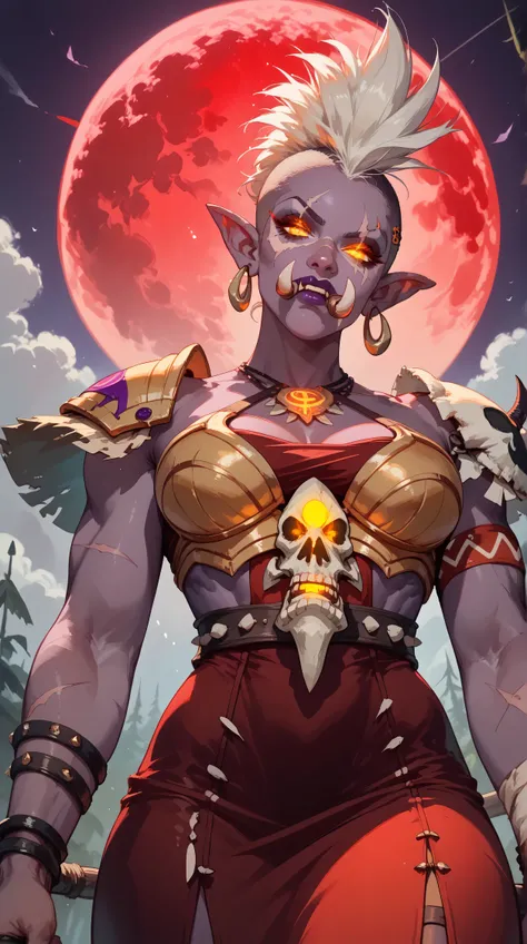 Trolls
large pointed ears, large nose, fangs
tusks, sexy beautiful female troll, toned body,, curvy, dark purple skin, white hair, (big high mohawk hairstyle:1.2), tribal tattos, sexy, ((very dark purple skin:1.1)) (dark skin:1.1) big tusks, raised eyebr...