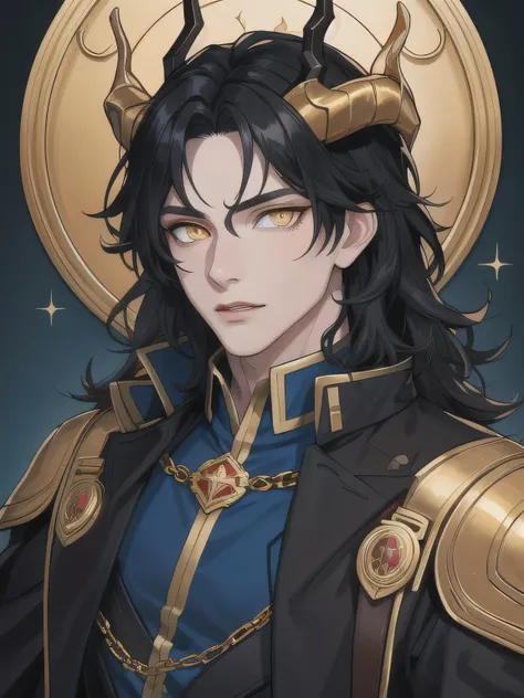 quality masterpiece, detailed eyes, ((golden eyes)), shimmering eyes, radiant eyes, detailed face, Solo, Male, Twink, Long Black Hair, Golden Eyes, Golden Curled Horns, Black Hair, Pale Skin, Pink Lips, Noble appearance, Human Face, Human, dark blue Noble ...