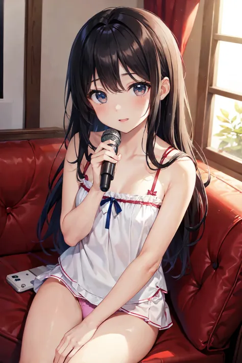   Highest Image 、  Top Quality、   Cinematic Lighting、 A girl singing with a microphone in her room、sit on the couch、 cute room、 camisole and panties、sitting cross-legged