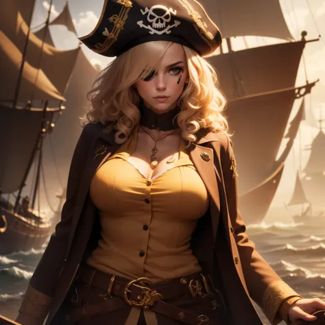 realistic high quality masterpiece detailed pirate woman one eye-patch, curly hair, pirate ship, gold, shirt open large tits,