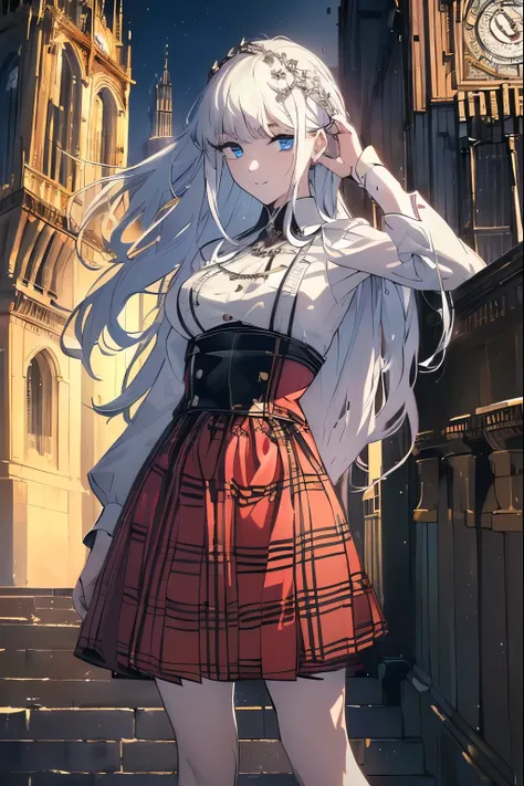 (masterpiece:1.5), (Best quality:1.5), (1girl:1.5), score_9, score_8_up, score_7_up, white hair, (full body:1.5), (solo:1.5), ((Ultra detailed female face)), ((ultra detailed bright blue eyes)), red tartan check clothes, smile, gazing, standing, watch audi...