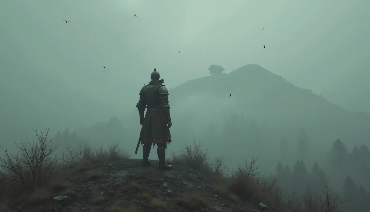 A knight on the silent hill in the style of the silent hill game, but the knight's back is turned