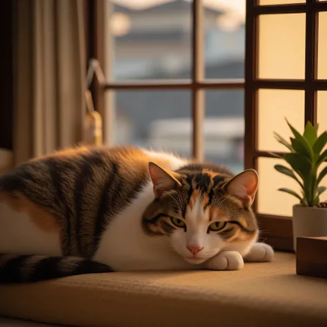 realistic, The theme is "Sleeping cat",  Calico cat sleeping by the window , Japan, Above the kotatsu ,   evening view of Kyoto drawn into  ,  looking at you with a serious face,  12 o'clock sunshine , sophisticated design,  ADVANCED LIGHTING TECHNOLOGY,  ...