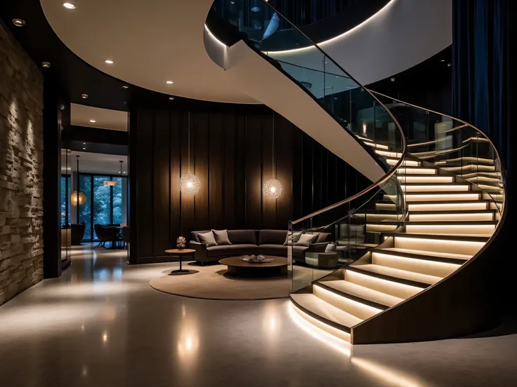 
a close up of a spiral peace in a modern home, Screenshot by Harry Haenigsen,  pixels ,  modern , peace, stairs, 1 peace,  Great design , luxury architecture, peaces, Luxury lifestyle, Luxurious environment , Ultra modern, large peace,  Dark and modern , ...