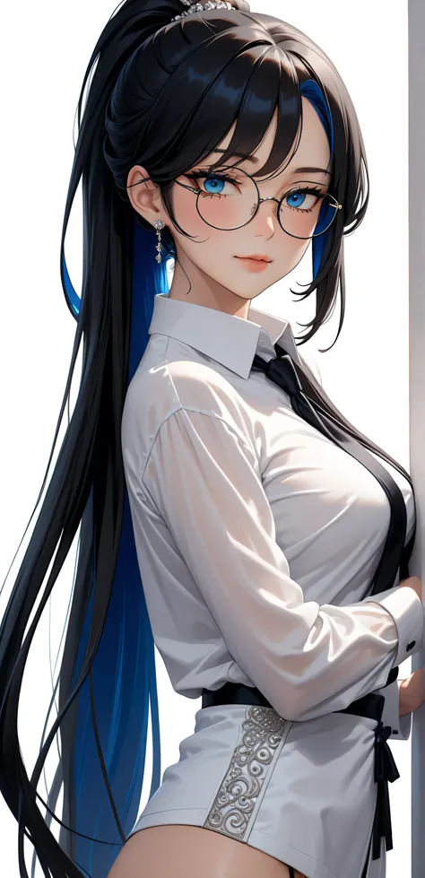 Random Sexy pose , ((Ultra detailing)), ((elegant mature women)), ((very aesthetic, best quality, ultra detailed)), intricate details, 1girl, ((long hair, Black hair, high ponytail, blue inner hair)), ((Multi colour eyes)), ((Detailed eyes)), ((Beautifull ...