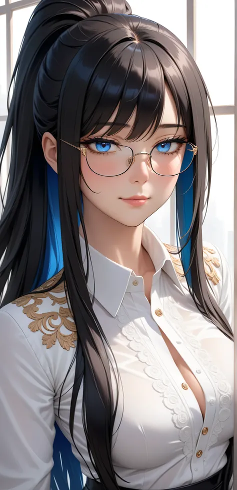 Random Sexy pose , ((Ultra detailing)), ((elegant mature women)), ((very aesthetic, best quality, ultra detailed)), intricate details, 1girl, ((long hair, Black hair, high ponytail, blue inner hair)), ((Multi colour eyes)), ((Detailed eyes)), ((Beautifull ...