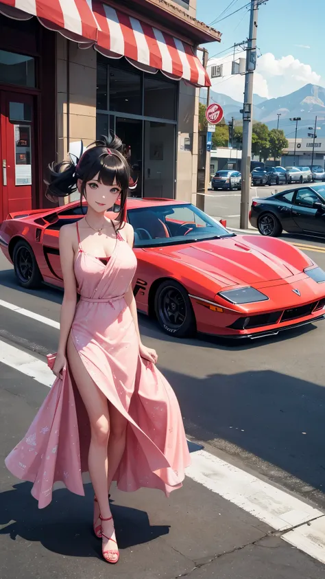   heavy mountains 画像、  heavy mountains ,Create another scene in the same style ,（ Barbie is a red C1 Corvette ）Barbie is now outside the perfume store.a mosquito.,She is now on the streets of San Diego。, She will be riding in the car soon , Her car is a C1...