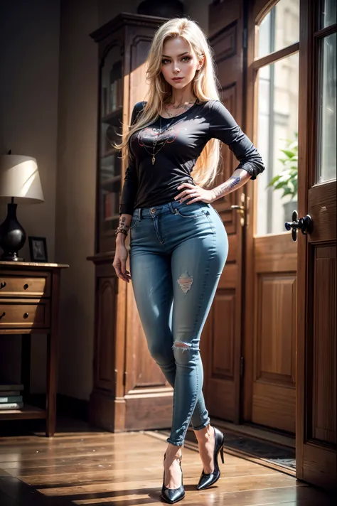 photograph of a european woman, full body, posing, mature woman, 50 years old,  tight skinny jeans, very long blond hair, cute shirt, tattoos, sexy pose, seductive smirk, domineering, overwhelming, superior, stepping on viewer, slim, high detail, high reso...