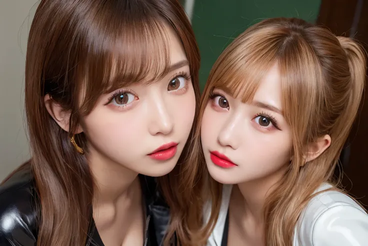 (2girls:1.2)、 two girls line up、extreme close-up、cheek、high resolution、 bright hair color、Beautiful eyelashes、20 years old、TOP QUALITY、very detailed、 delicate details without lighting、8K wallpaper、beautiful eyes in every detail、 natural lip color、long hair...