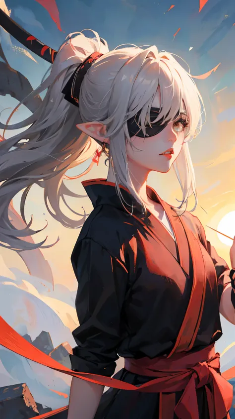 1girl, kunoichi, holding a katana, white katana, eye patch, amber eyes, scar on eye, black eye tint, dark red lips, freckles, gray hair, long hair, ponytail, pointy ears, warlock, d&d, sun