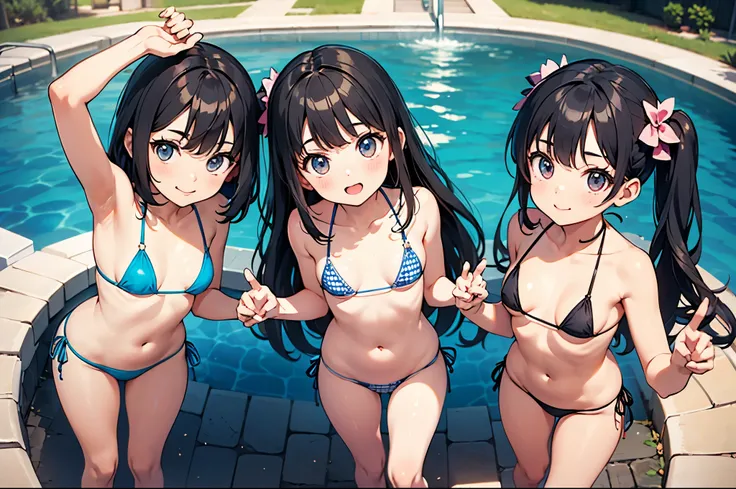 2 loli sisters, wearing microbikini, standing, dynamic cute pose, extending hands at the viewer, looking at camera, camera looking from above