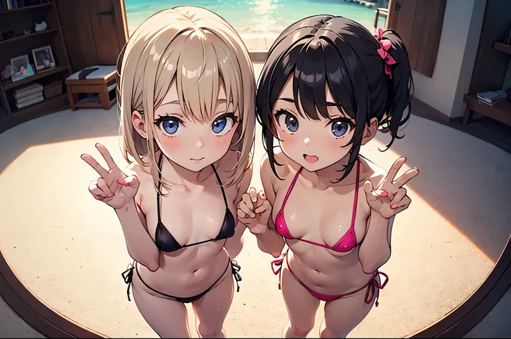 2 loli sisters, wearing microbikini, standing, dynamic cute pose, extending hands at the viewer, looking at camera, camera looking from above