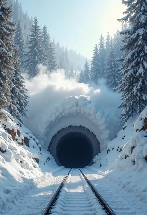 A powerful avalanche of snow cascading down from a steep, snow-covered mountain, engulfing the entrance of a dark railway tunnel. The train tracks lead directly into the tunnel, disappearing into the darkness. Surrounding the tunnel are tall pine trees cov...