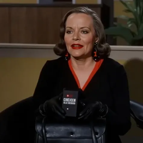 tallulah bankhead as 1966 batman villainess black widow.  wearing her black outfit, wearing black leather gloves, wearing black knee high leather boots, standing looking ahead