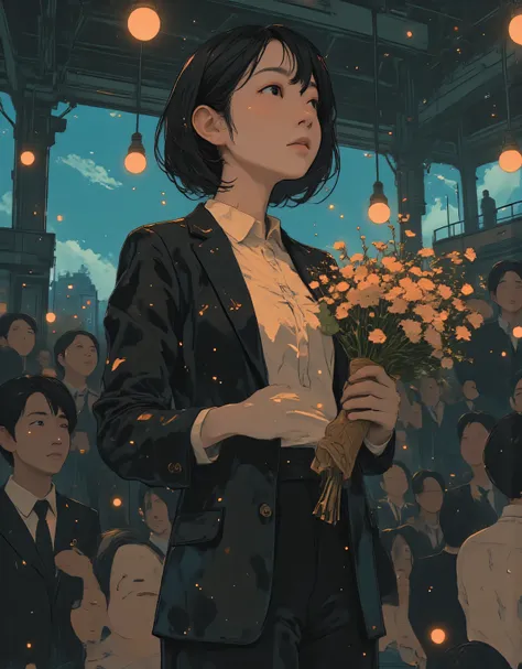 Super-Realistic Film Photography Masterpiece , Dramatic Scenes , shadow, Global Illumination, alone, retro female student photo :1.331, realistic, Beautiful Japanese woman's face, On the stage in the high school auditorium:1.5, and she is holding a beau...