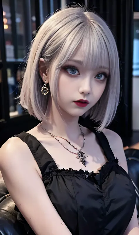 Top quality work with great detail、16k ultra-high resolution stills、One of the best photos taken by a cameraman、illuminated by an outside light
(( dark makeup))((black cropped tank top))、big breasts、 shortcut hair、(( long lashes、 gothic makeup 、 dark makeu...