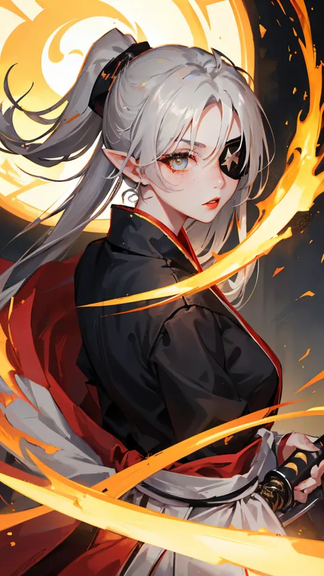 1girl, kunoichi, holding a katana, white katana, eye patch, amber eyes, scar on eye, black eye tint, dark red lips, freckles, gray hair, long hair, ponytail, pointy ears, warlock, d&d, sun