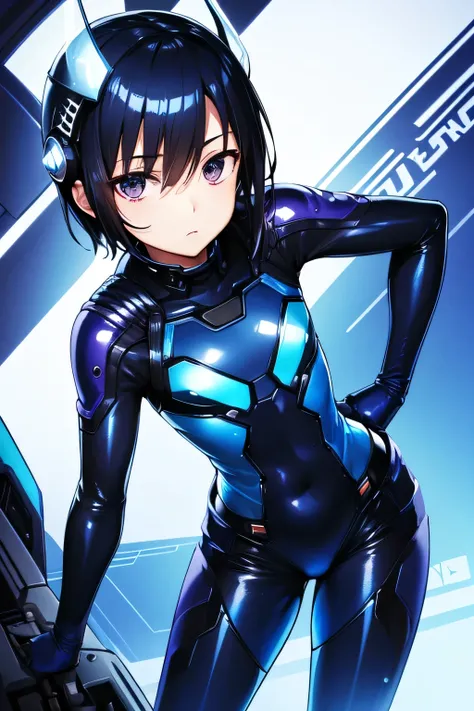  Perfect Anatomy　 TOP QUALITY,  highest resolution,(((blue shiny pilot suit　  dark eyes 　 short hair　 flat chest)))　  expressionless　woman　 Fighter Pilot　 helmet