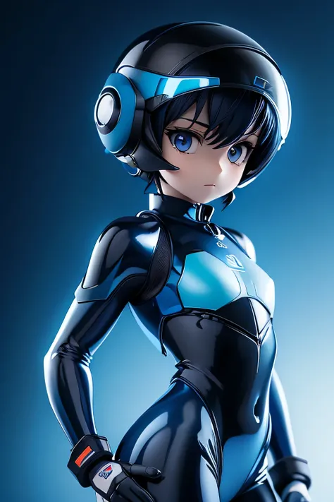  perfect anatomy　 TOP QUALITY,  highest resolution,(((blue shiny pilot suit　  dark eyes 　 short hair　 flat chest)))　  expressionless　woman　 Fighter Pilot　 helmet