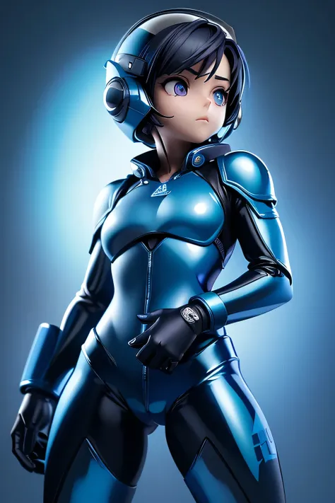  perfect anatomy　 TOP QUALITY,  highest resolution,(((blue shiny pilot suit　  dark eyes 　 short hair　 flat chest)))　  expressionless　woman　 Fighter Pilot　 helmet