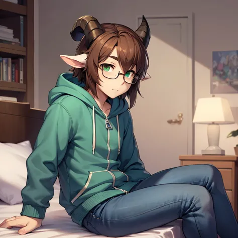 Demihuman adult male with brown hair, green eyes, glasses, curved ram horns, and floppy sheep ears, wearing a blue zip up hoodie and jeans. sitting on a bed