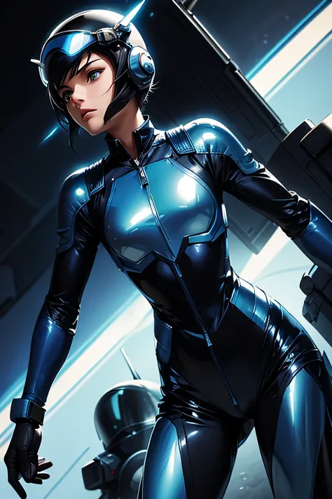  perfect anatomy　 TOP QUALITY,  highest resolution,(((blue shiny pilot suit　  dark eyes 　 short hair　 flat chest)))　  expressionless　woman　 Fighter Pilot　 helmet