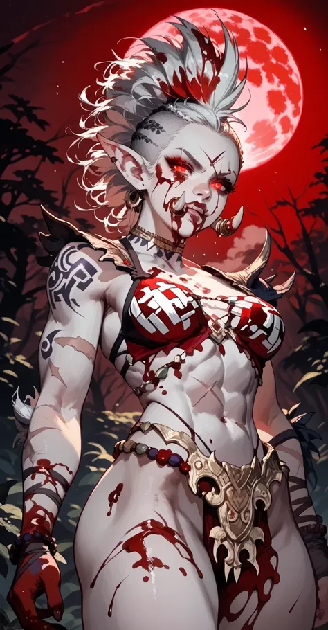 Trolls
large pointed ears, large nose, fangs
tusks, sexy beautiful female troll, toned body,, curvy, thick thighs, narrow waist, wide hips, hips bonés, collarbones, dark purple skin, white hair, (big high mohawk hairstyle:1.2), tribal tattos, sexy, ((cov...