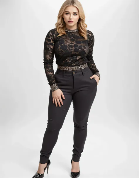 ((Full body)), front view,  makeup,   curly blonde hair, bigboobs, ((luxury sweater, tights pants,  high heels, high heels, (((curvy body, wide hips))) )), plain white background
