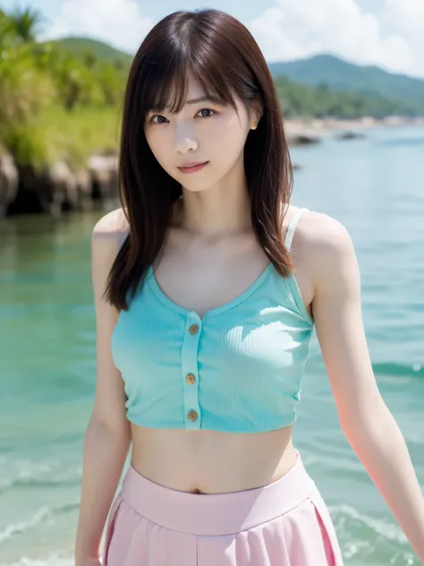  Greatest Masterpiece 、 TOP QUALITY , Ultra High Definition、Wore a tight white tank top made of ribbed material with buttons and a pale mint green flared skirt１A beautiful Japanese girl is standing on the edge of the waves、 big breasts、 I can see a little ...