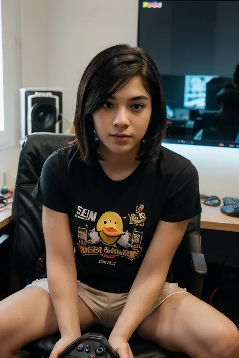 Create me a mascot logo where the mascot is a black-haired gamer boy wearing a duck t-shirt and underneath it says duck games 