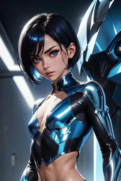  perfect anatomy　 TOP QUALITY,  highest resolution,(((blue shiny g-suit　  dark eyes 　 short hair　 flat chest)))　  expressionless　woman　 Fighterパイロット　 helmet　Fighter