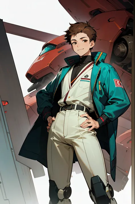 masterpiece,best quality,very aesthetic,absurdres,official art,official style, 1boy,mecha,robot,brown hair,male focus,science fiction,brown eyes,hand on hip,smile,jacket,white background,looking at viewer,hair behind ear, 