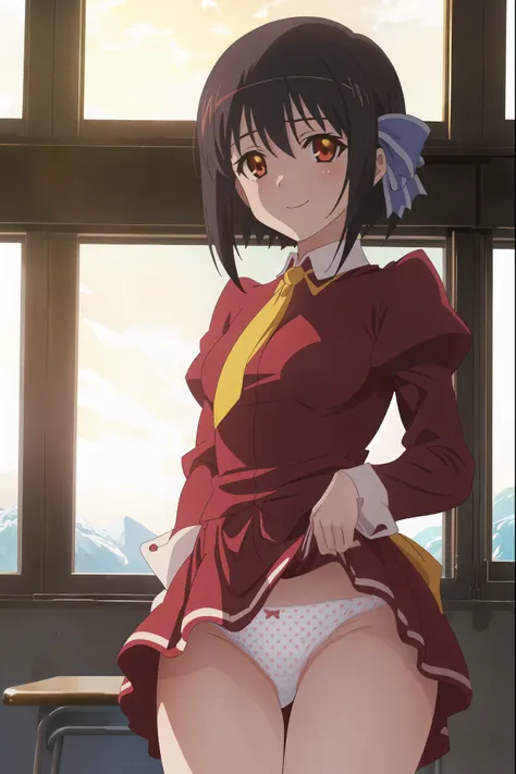 [anime styled],[official art],Tomomi_saikyou,black hair,Short hair,Hair Ribbon,red eyes,((School uniform,red school uniform:1.3,Winter clothes,Long sleeves,Long skirt,yellow ribbon tie)),classroom,NSFW,1girl,(Portrait),close up,short torso,Perfect Lighting...