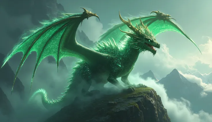 A majestic, fiery dragon with scales that shimmer like polished emeralds, perched atop a misty mountain peak, its wings outstretched as it gazes out over a serene, mystical landscape.