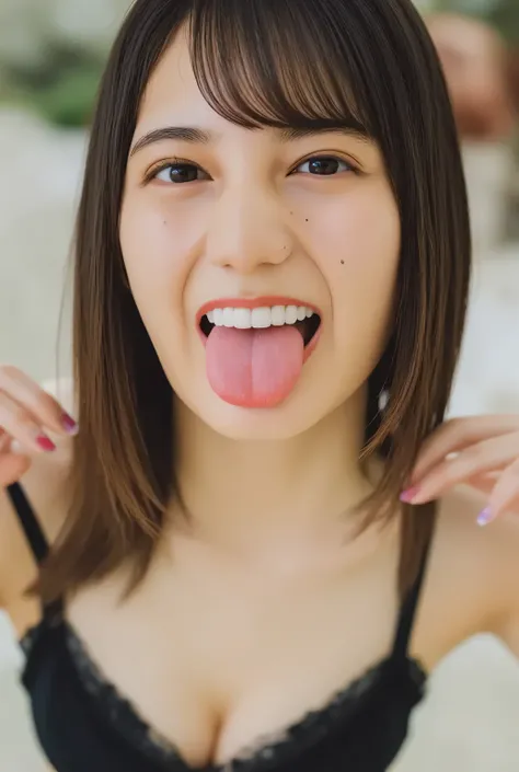 ((( High resolution,top quality, super detailed, Masterpiece , very detailed photo , realistic , real person , Ultra detailed skin))) ,simple background,(from front),upper body, medium shot, looking at viewer , (smile, open mouth wide , stick out the tongu...