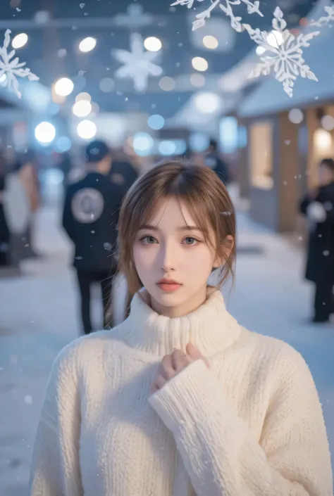 （masterpiece, best quality :1.2), winter,1 woman, [white breath] 、( Fantastic)Winter Festival 、 Snowflakes、❄️、cinematic lighting ,focus on her face,background blur,  fantastic