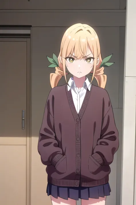 A highly detailed and beautifully illustrated scene featuring Karane Inda, a young girl with long, flowing blonde hair styled into low twintails, tied with elegant hair ribbons. Her sharp yellow eyes (1.3x emphasis) glow with intensity, framed by neat bang...