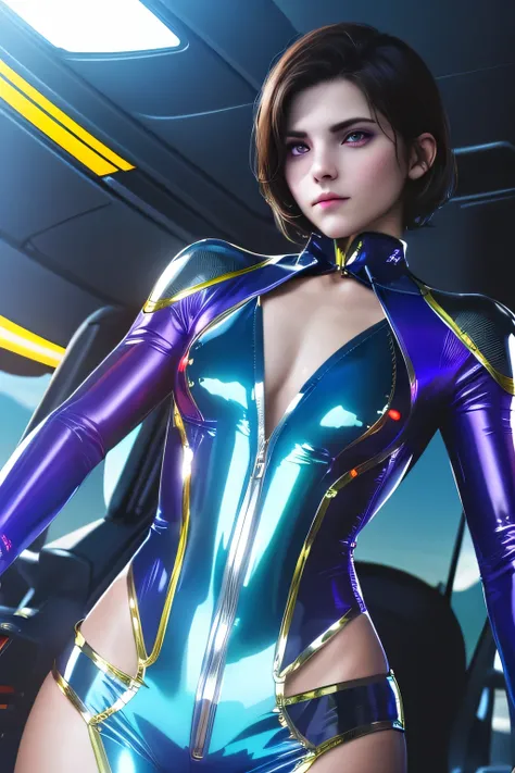 perfect anatomy　 TOP QUALITY,  highest resolution,(((blue shiny pilot suit　  dark eyes 　 short hair　 flat chest)))　  expressionless　woman　Fighterpilot　 helmet　Fighter