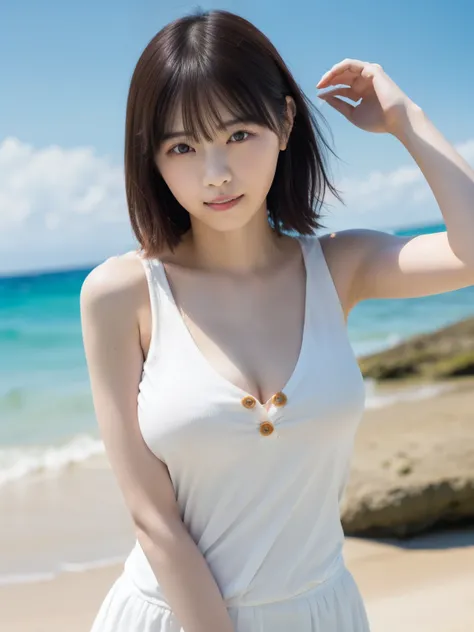  Greatest Masterpiece 、 TOP QUALITY , Ultra High Definition、Wore a tight white tank top made of ribbed material with buttons and a pale orange flared skirt１A beautiful Japanese girl is standing on the edge of the waves、 big breasts、 I can see a little clea...