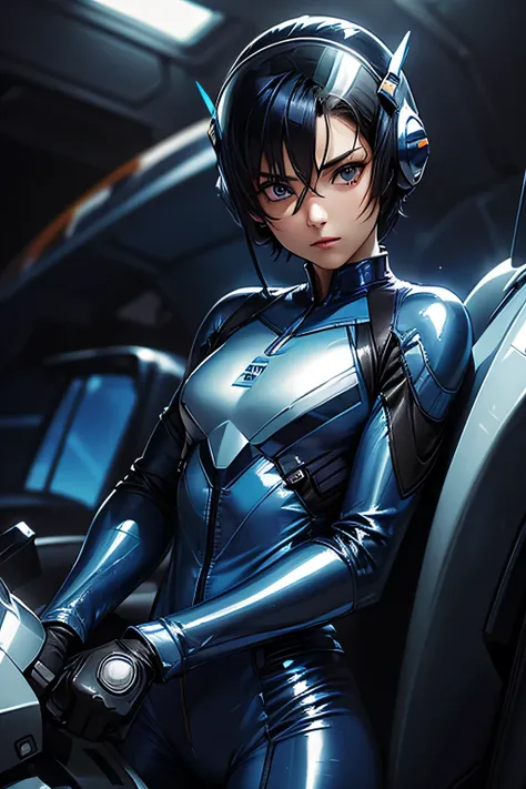 perfect anatomy　 TOP QUALITY,  highest resolution,(((blue shiny pilot suit　  dark eyes 　 short hair　 flat chest)))　  expressionless　woman　Fighterpilot　 helmet　Fighter