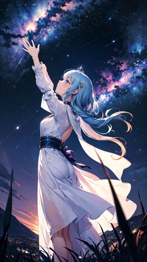 Tower of Arcana is a starry night and at the top of the tower you can see a princess from the side view who is at the top with her arms stretched to the sky and looking to the sky and trying to reach the stars of the night.