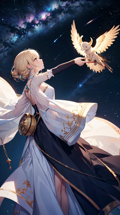 Tower of Arcana is a starry night and at the top of the tower you can see a princess from the side view who is at the top with her left arm stretched to the sky and looking to the sky and trying to reach the stars of the night.